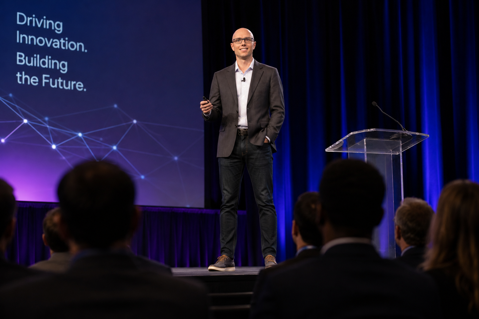 Mike Napier speaking on stage at a conference