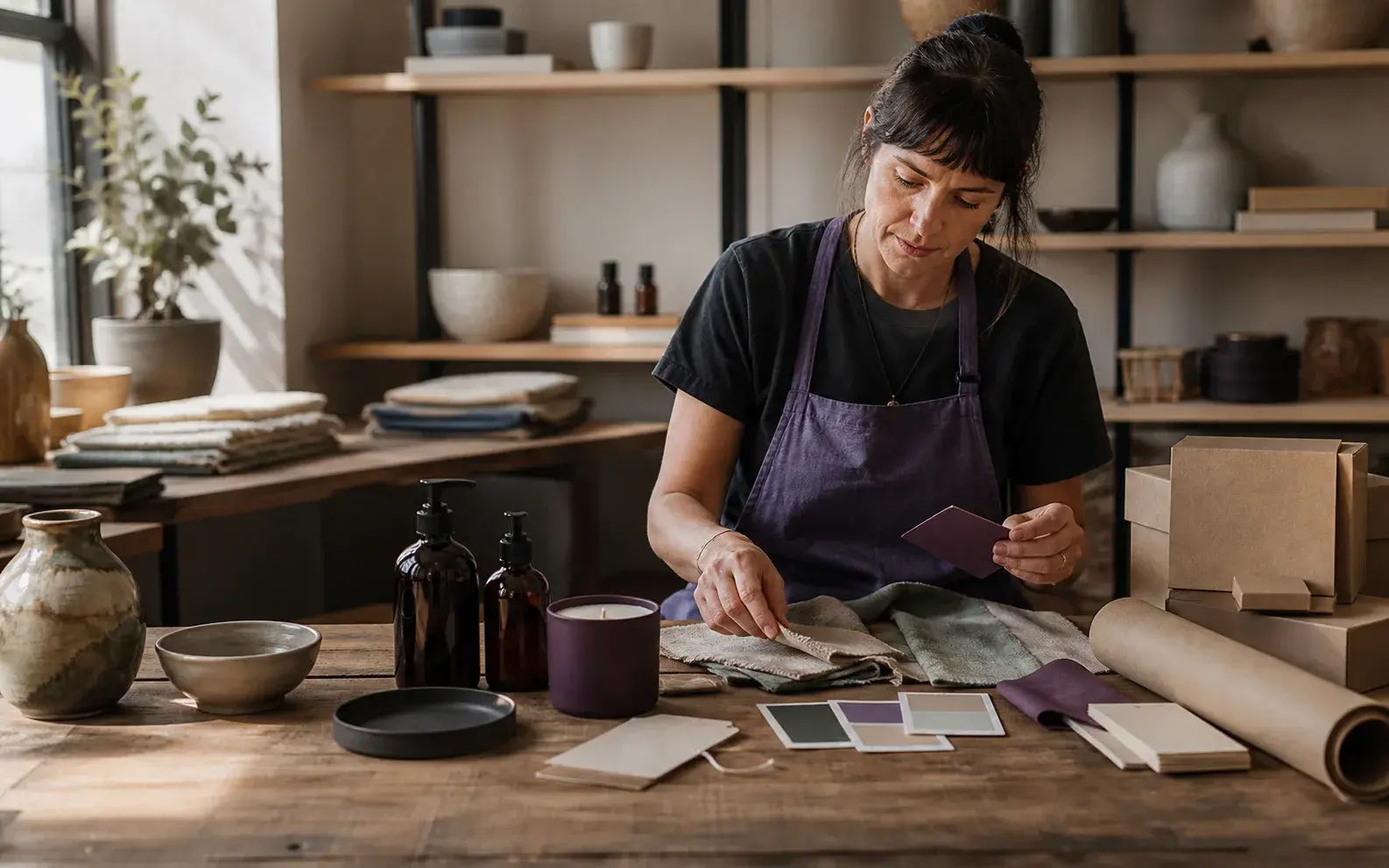 A small-business owner arranges products, blank packaging, and color swatches in a studio.