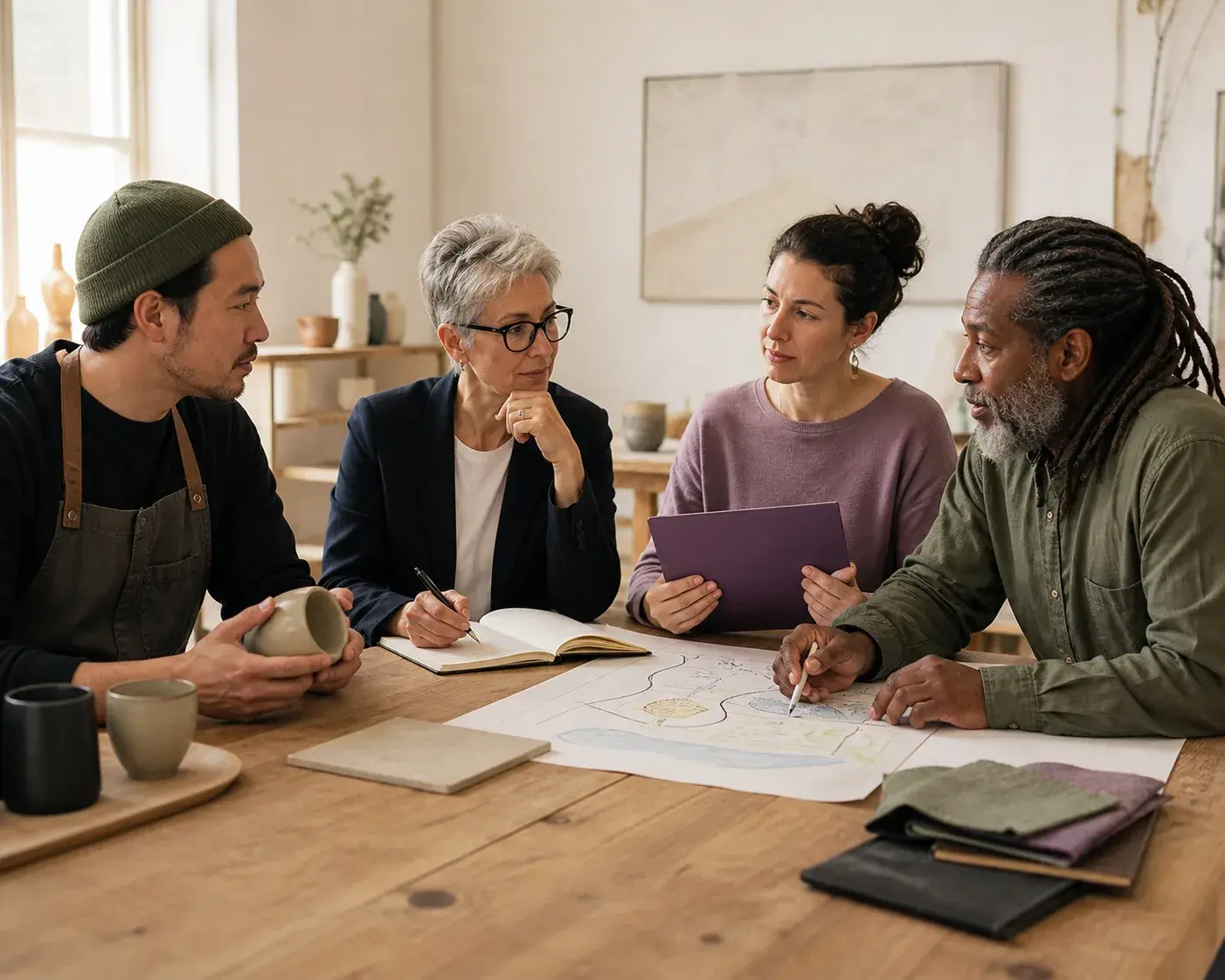 Four people from different kinds of organizations collaborate around a shared planning table.